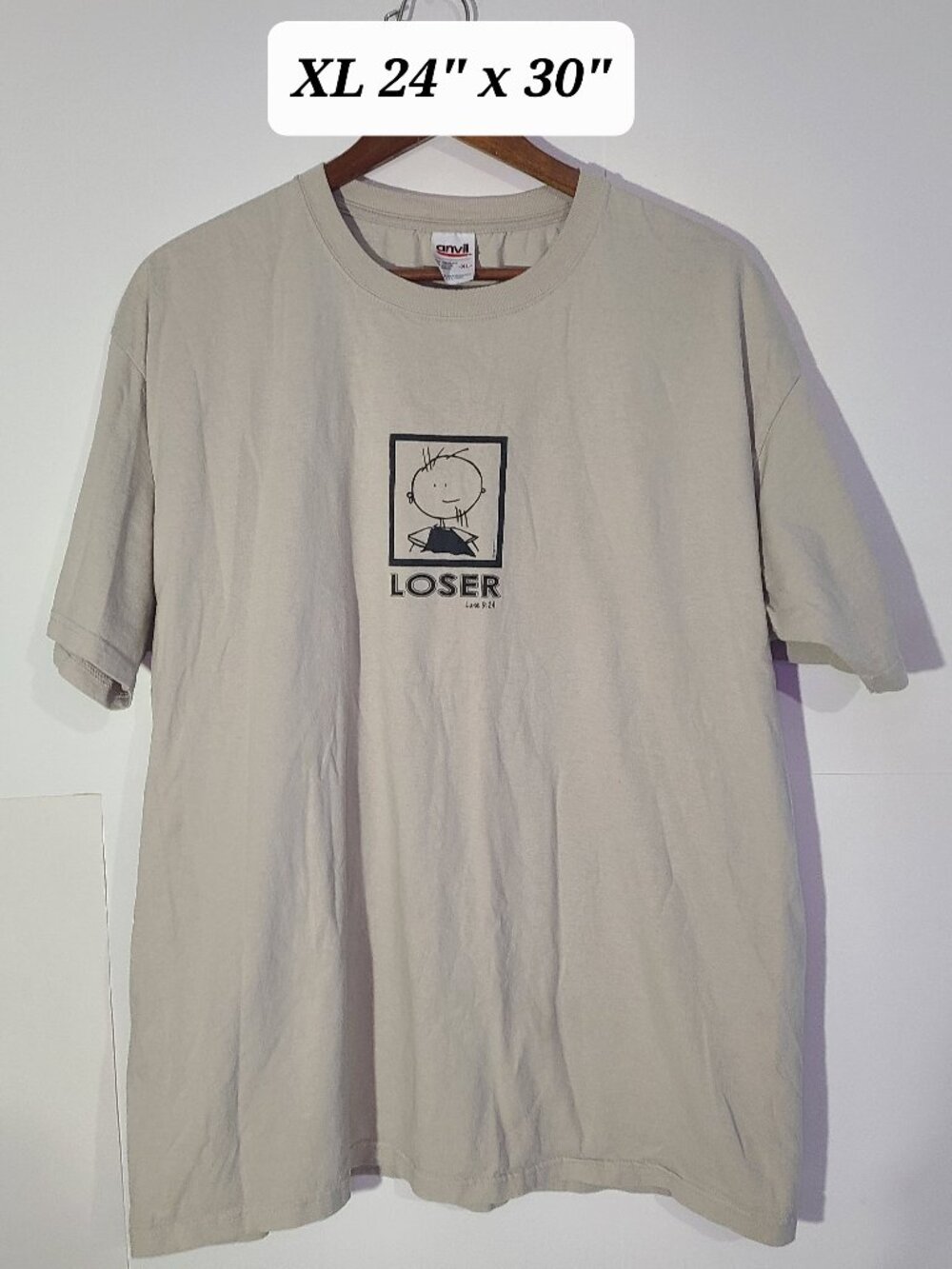 Vintage 2003 Loser "Luke 9:24" Beige XL Anvil T-Shirt Y2K